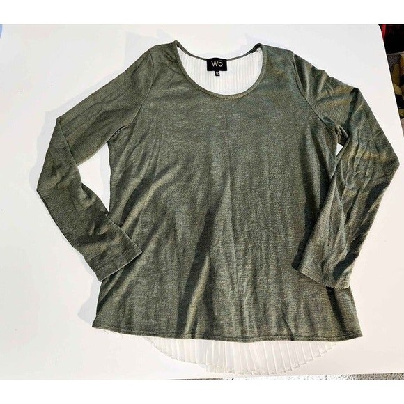 W5 Sweaters - Womens Large Open Back Lace Up Top Green Sweater White Pleated Shirt